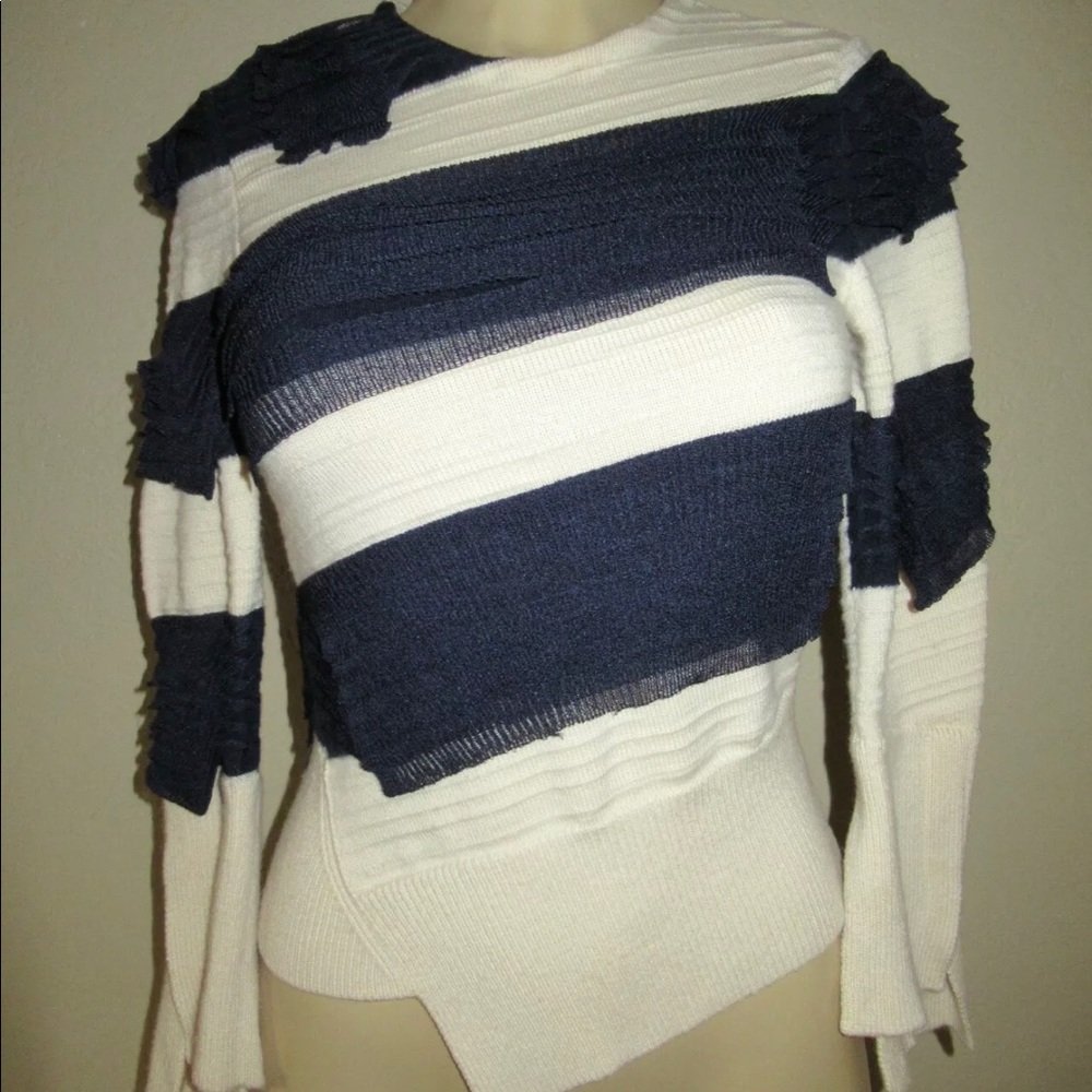 Alexander McQueen Navy Cream Stripe Ruffle Wool Sweater XS
